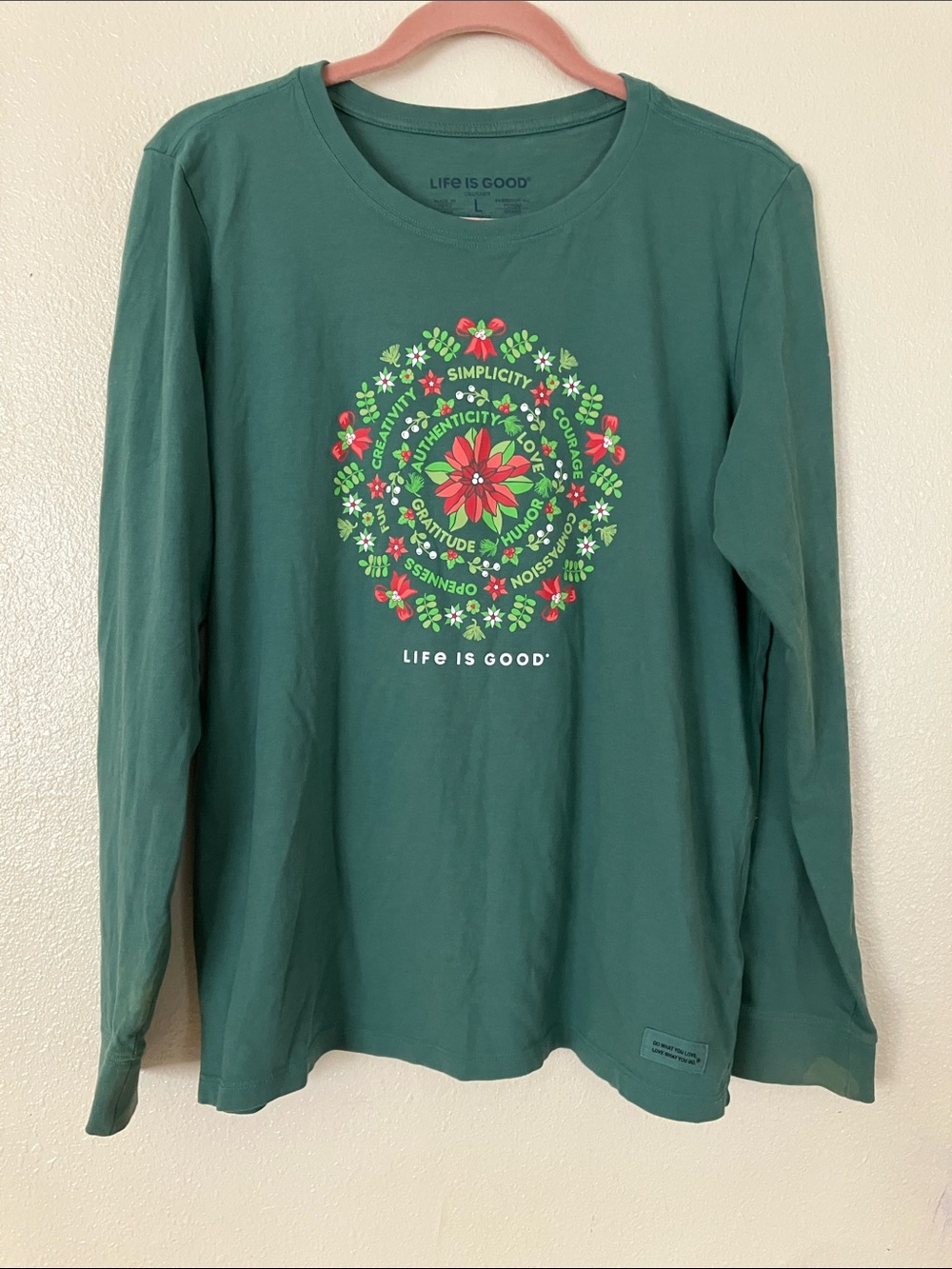 Life is Good Green Long Sleeve Christmas Holiday T Shirt, L